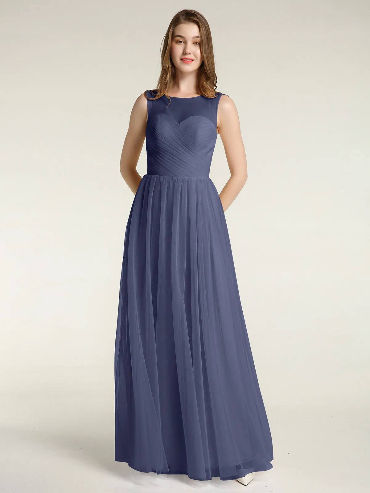 Illusion Neck Cross Tulle Bridesmaid Dresses-Stormy