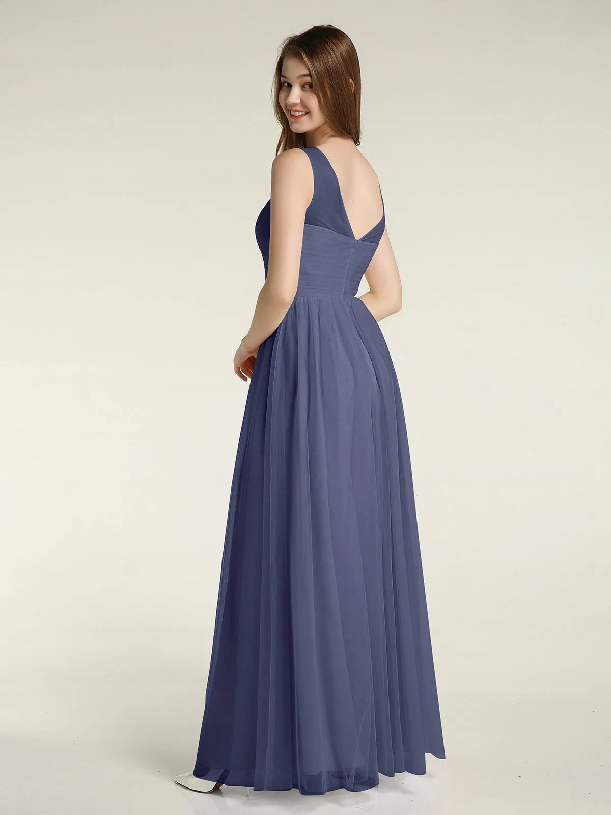 Illusion Neck Cross Tulle Bridesmaid Dresses-Stormy