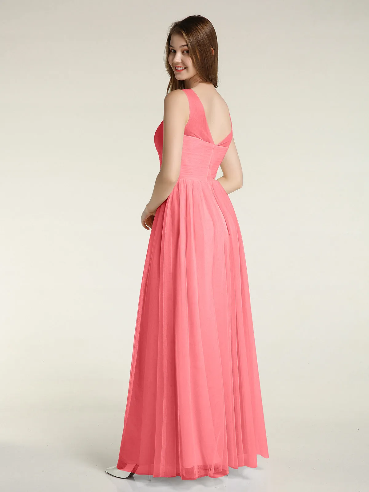 Illusion Neck Cross Tulle Bridesmaid Dresses-Watermelon