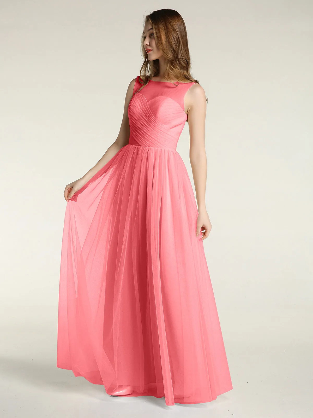 Illusion Neck Cross Tulle Bridesmaid Dresses-Watermelon