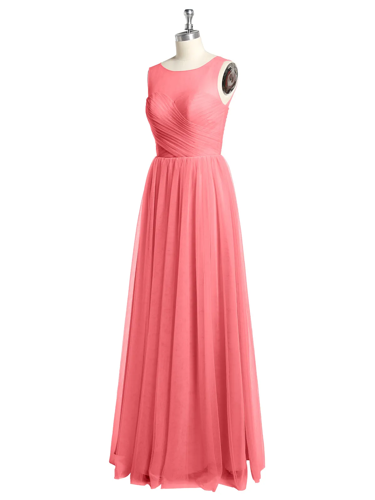 Illusion Neck Cross Tulle Bridesmaid Dresses-Watermelon