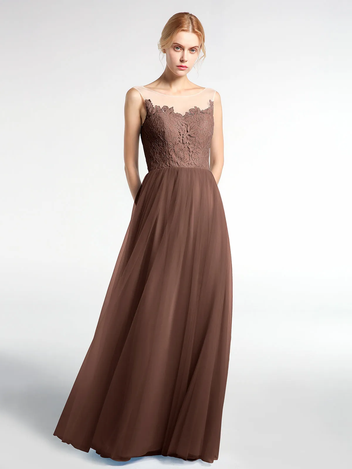 Illusion Neckline Lace and Tulle Maxi Dress-Chocolate