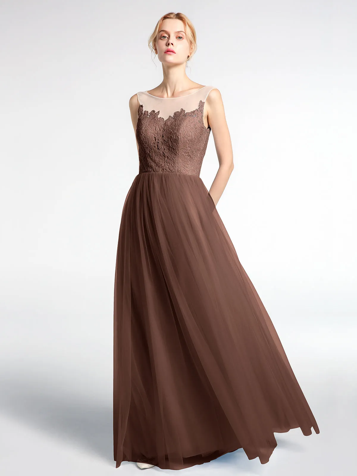 Illusion Neckline Lace and Tulle Maxi Dress-Chocolate