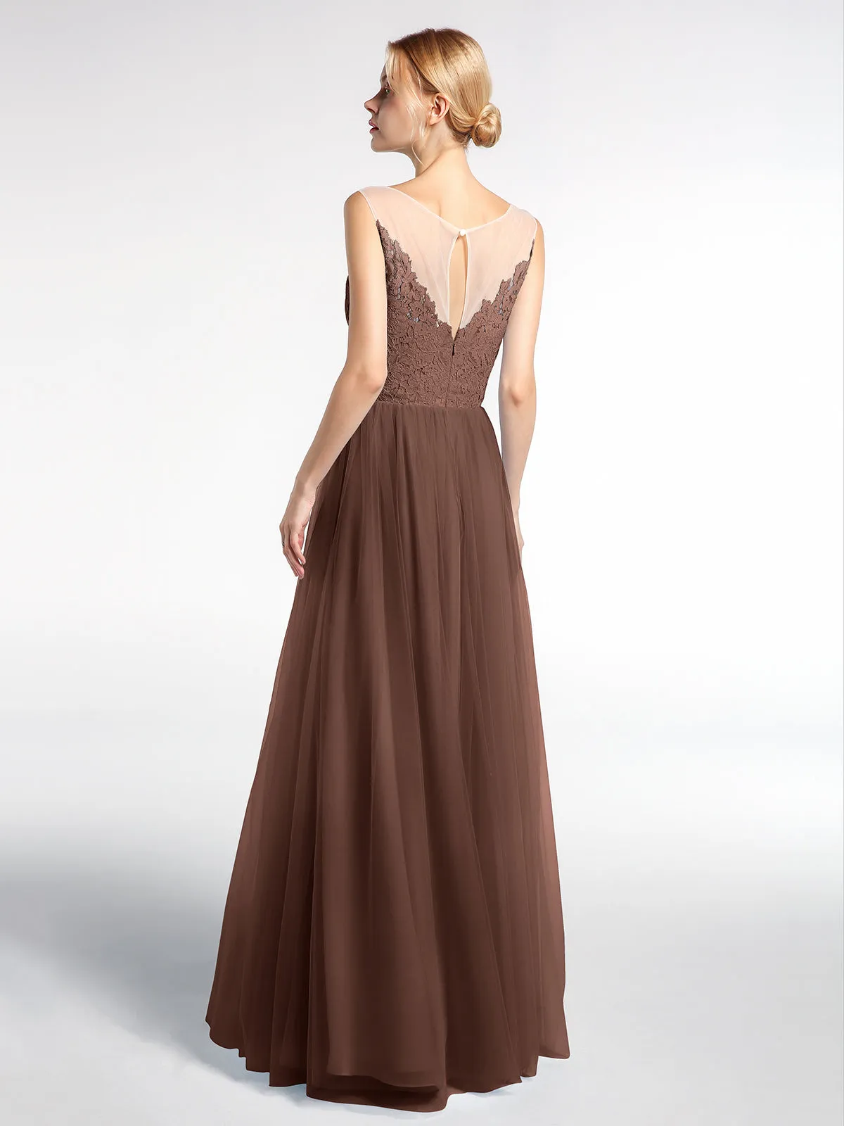 Illusion Neckline Lace and Tulle Maxi Dress-Chocolate
