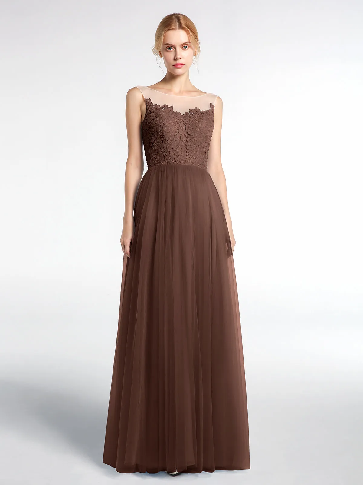 Illusion Neckline Lace and Tulle Maxi Dress-Chocolate