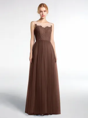 Illusion Neckline Lace and Tulle Maxi Dress-Chocolate