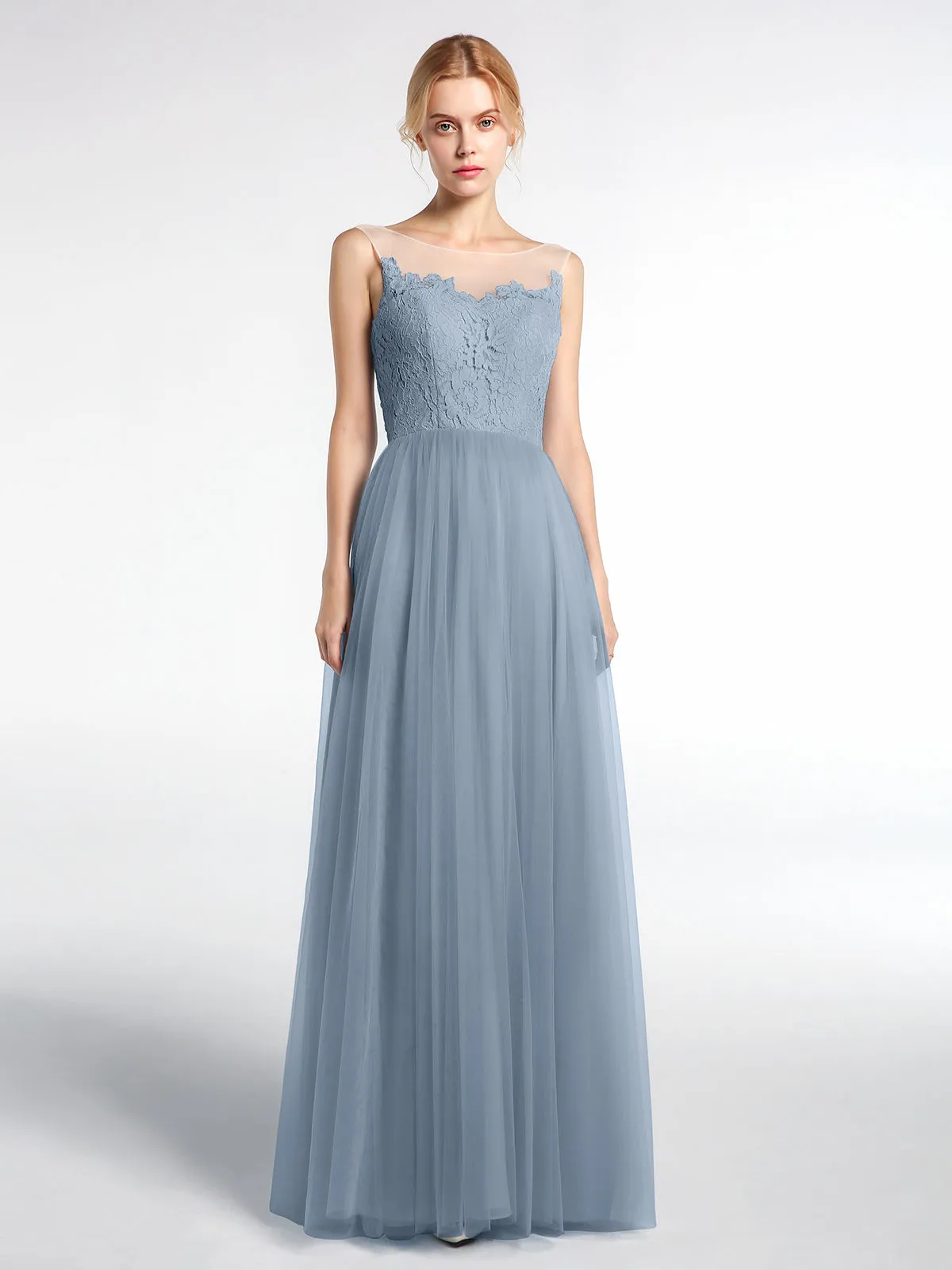 Illusion Neckline Lace and Tulle Maxi Dress-Dusty Blue
