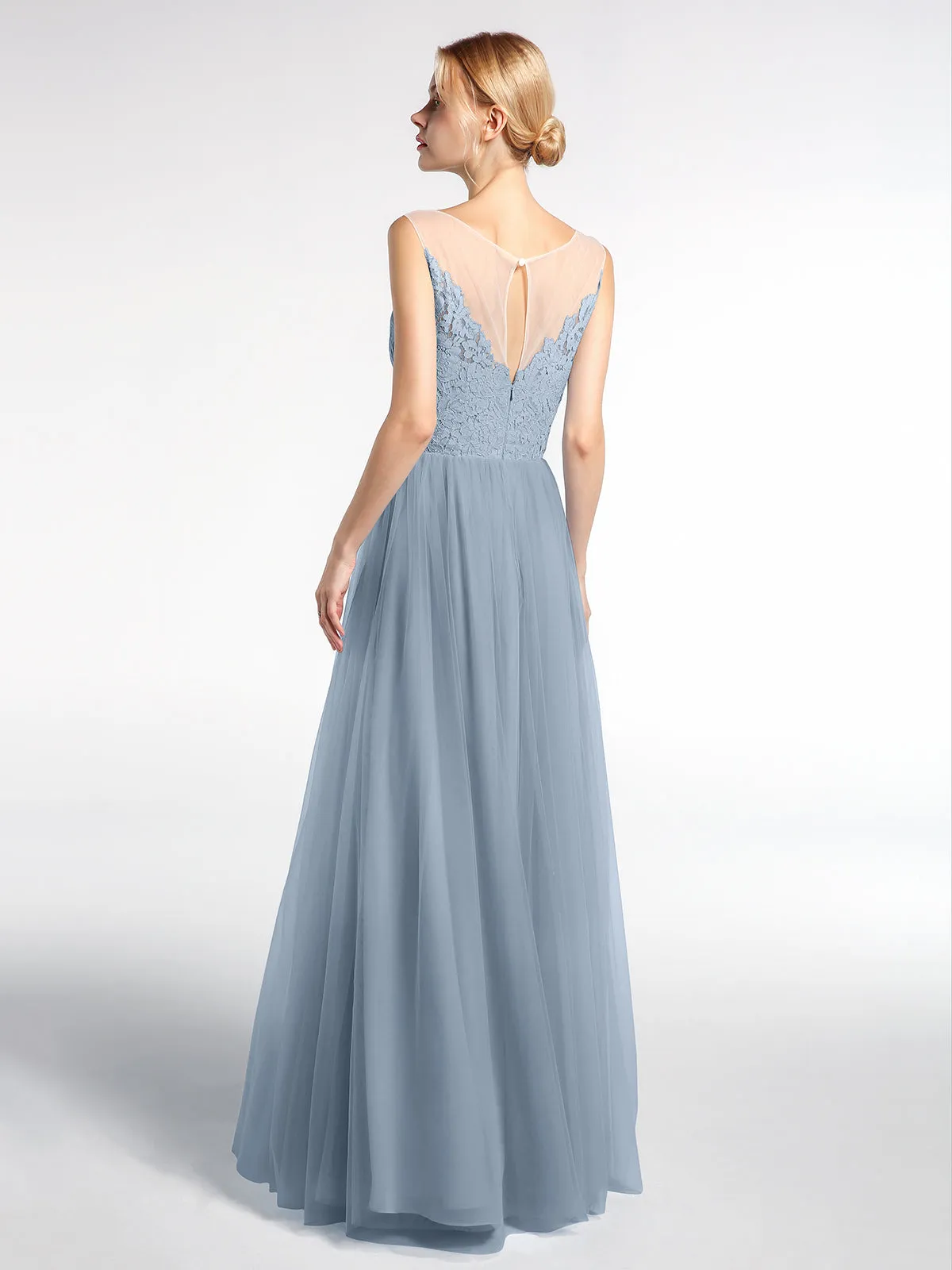 Illusion Neckline Lace and Tulle Maxi Dress-Dusty Blue