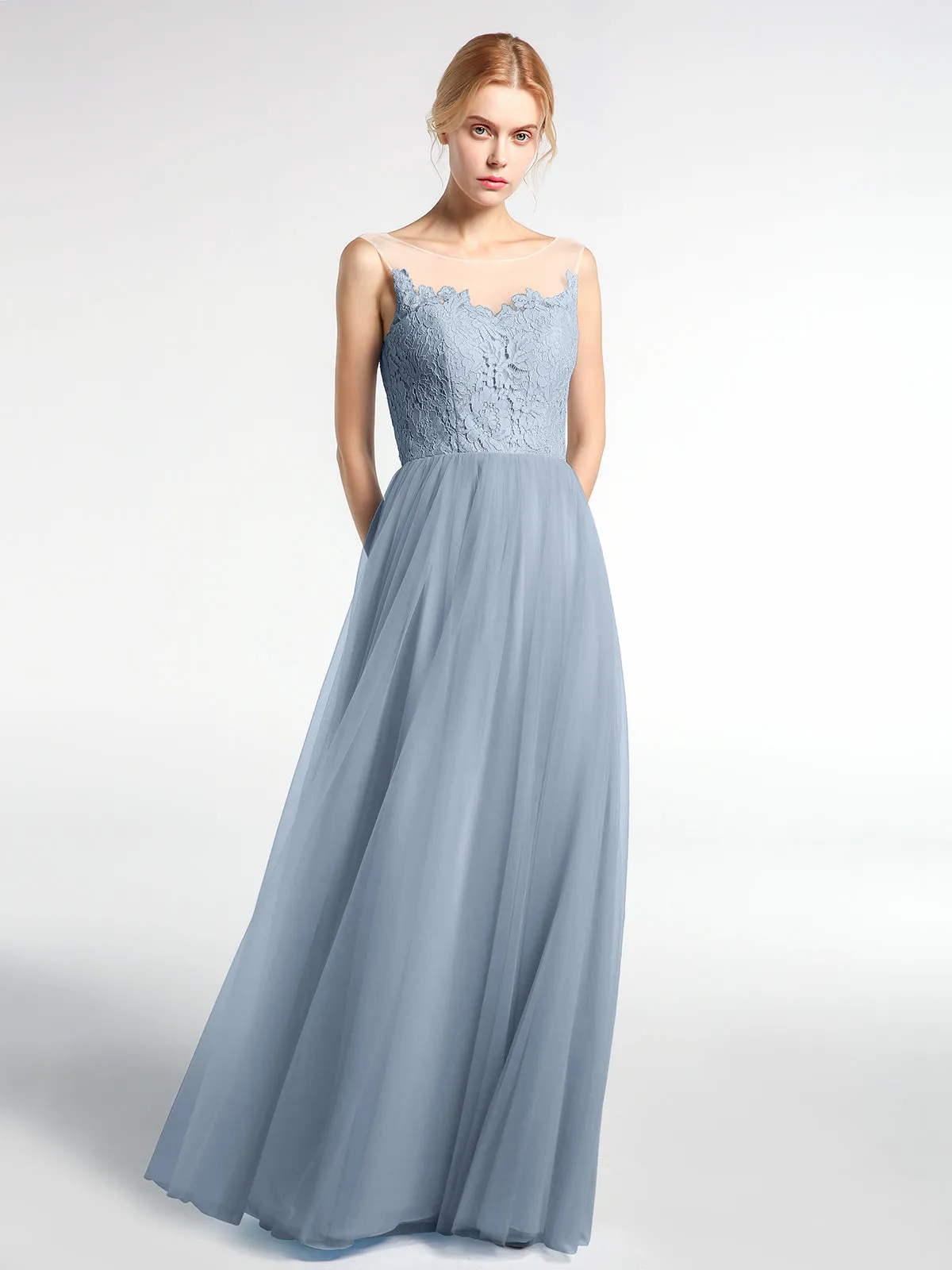 Illusion Neckline Lace and Tulle Maxi Dress-Dusty Blue