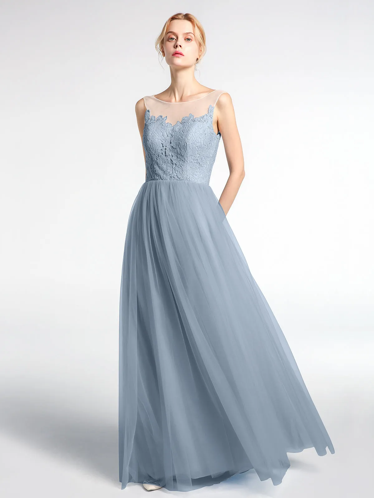Illusion Neckline Lace and Tulle Maxi Dress-Dusty Blue