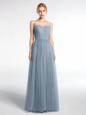 Illusion Neckline Lace and Tulle Maxi Dress-Dusty Blue