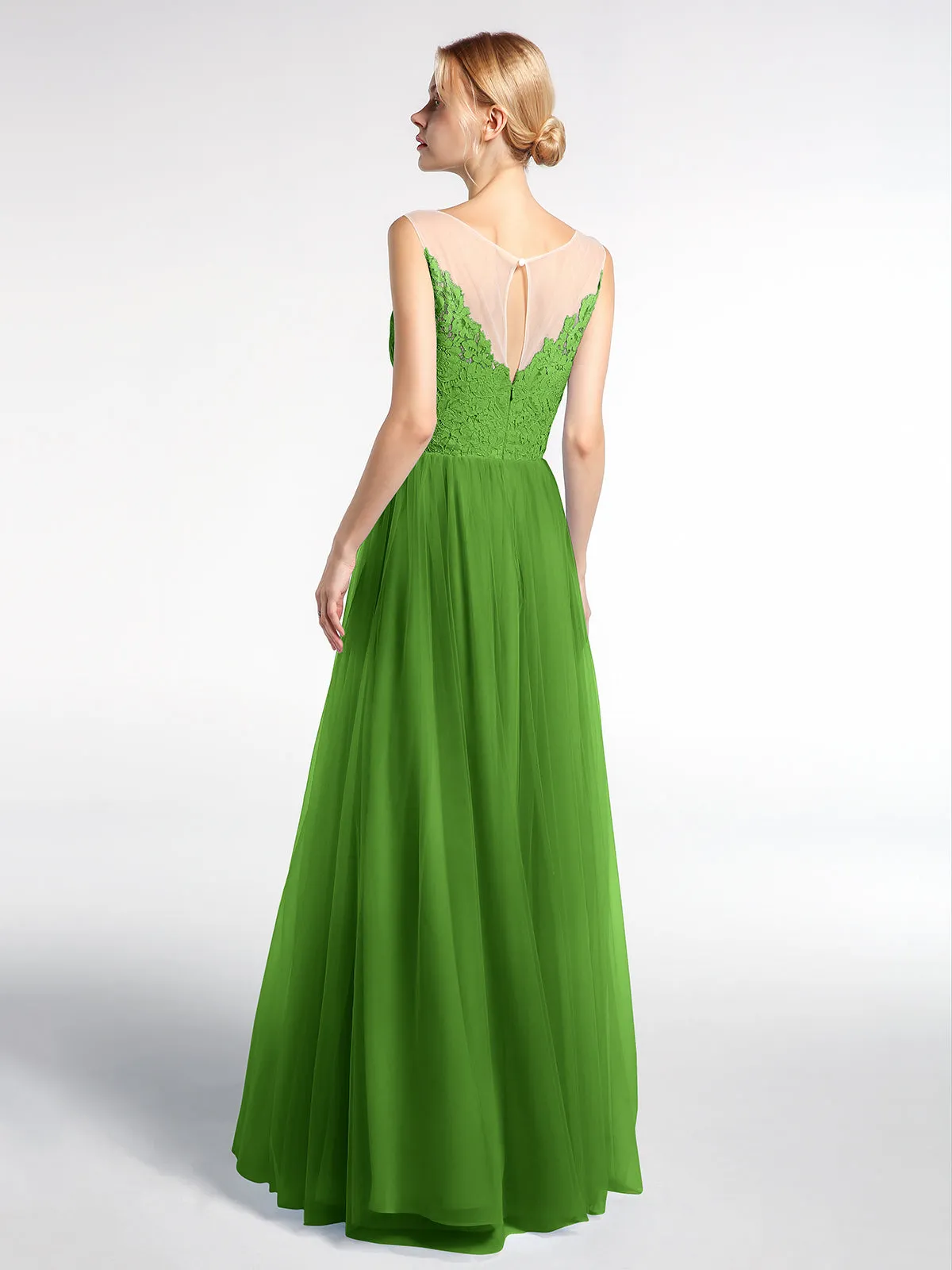 Illusion Neckline Lace and Tulle Maxi Dress-Moss