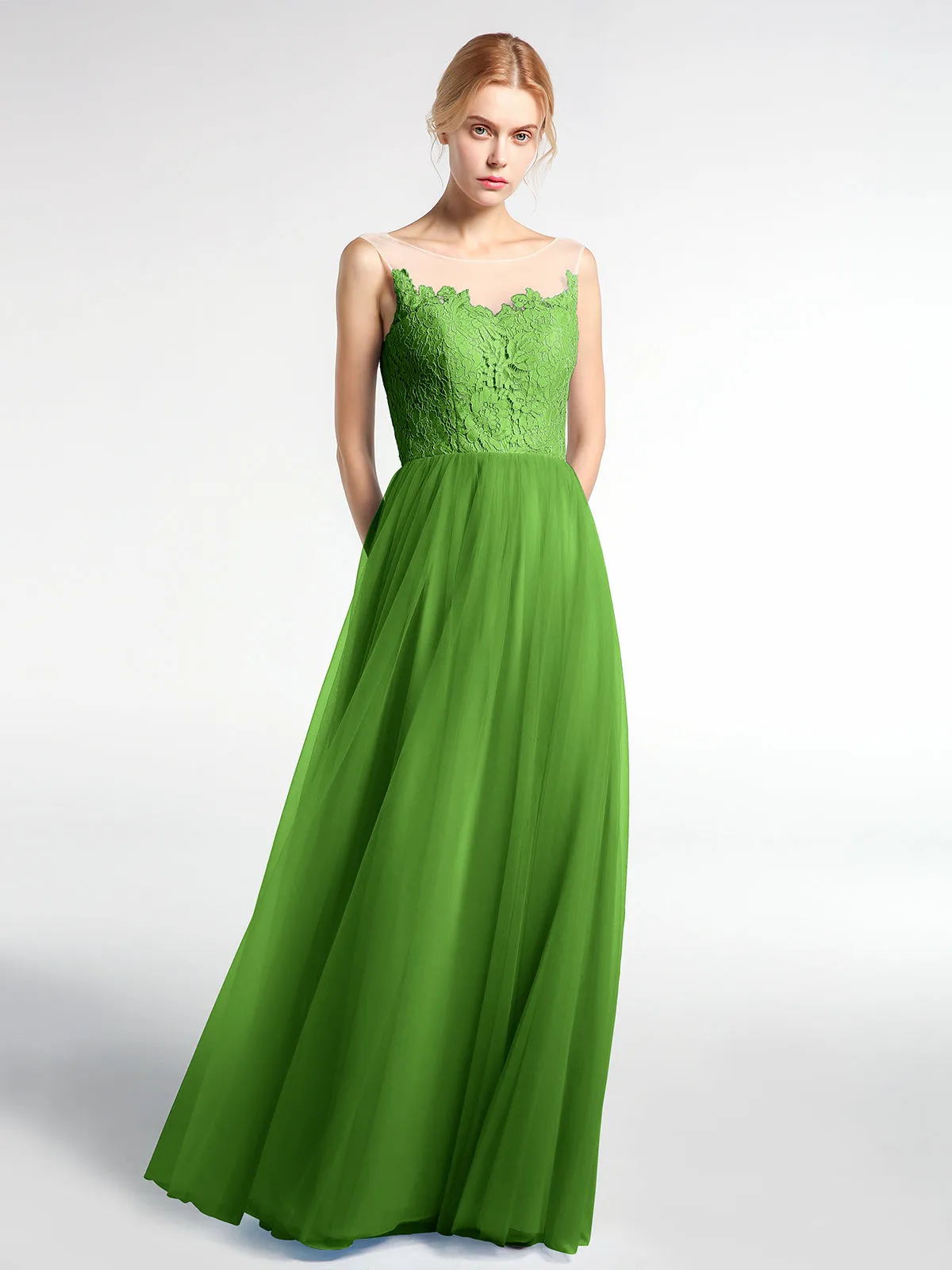 Illusion Neckline Lace and Tulle Maxi Dress-Moss