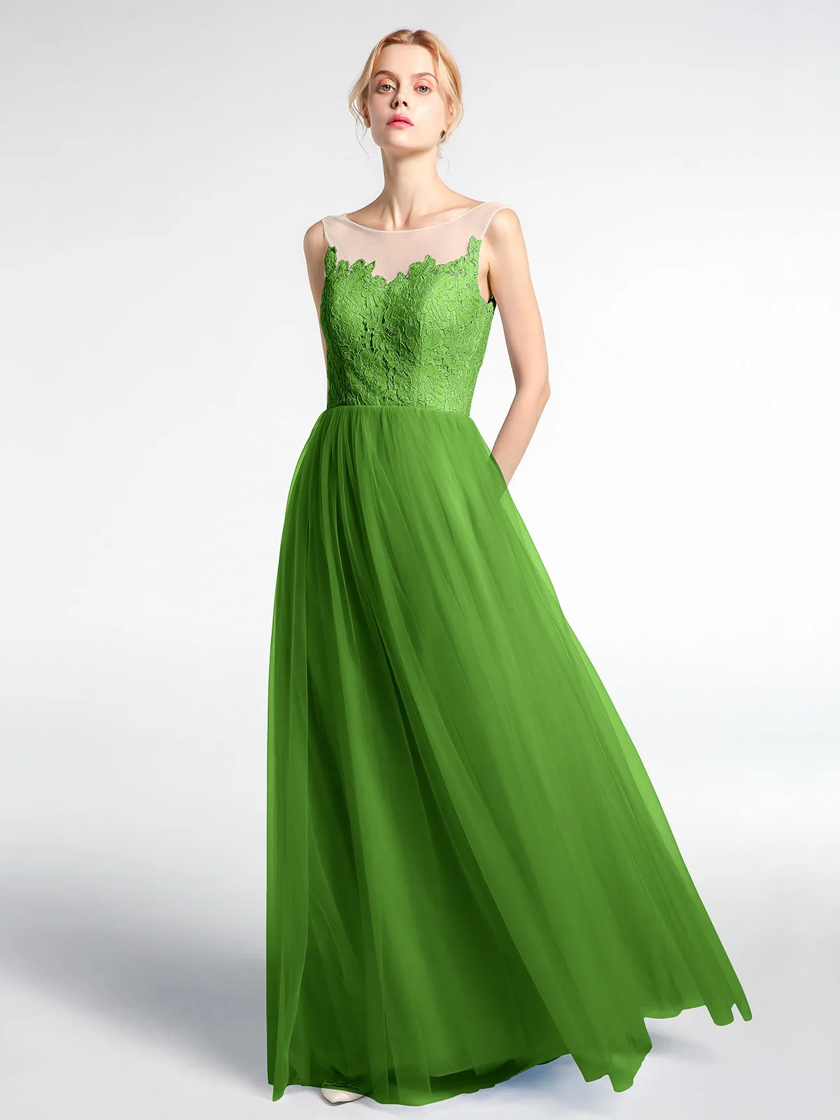 Illusion Neckline Lace and Tulle Maxi Dress-Moss