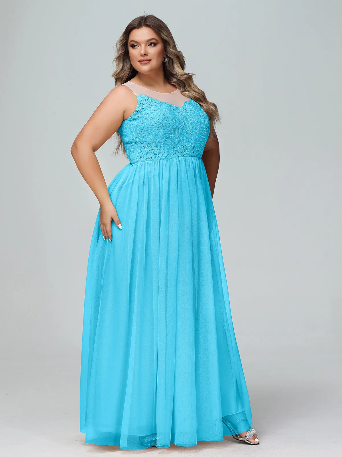Illusion Neckline Lace and Tulle Maxi Dress-Pool Plus Size