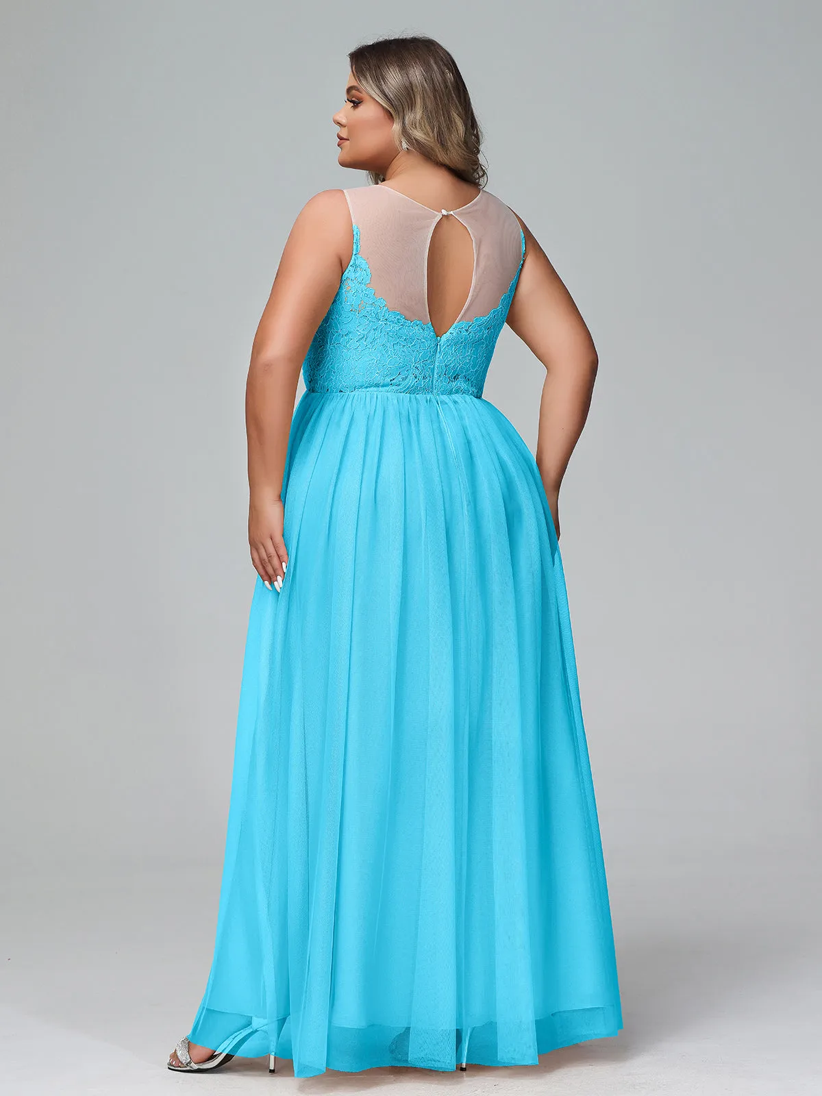 Illusion Neckline Lace and Tulle Maxi Dress-Pool Plus Size
