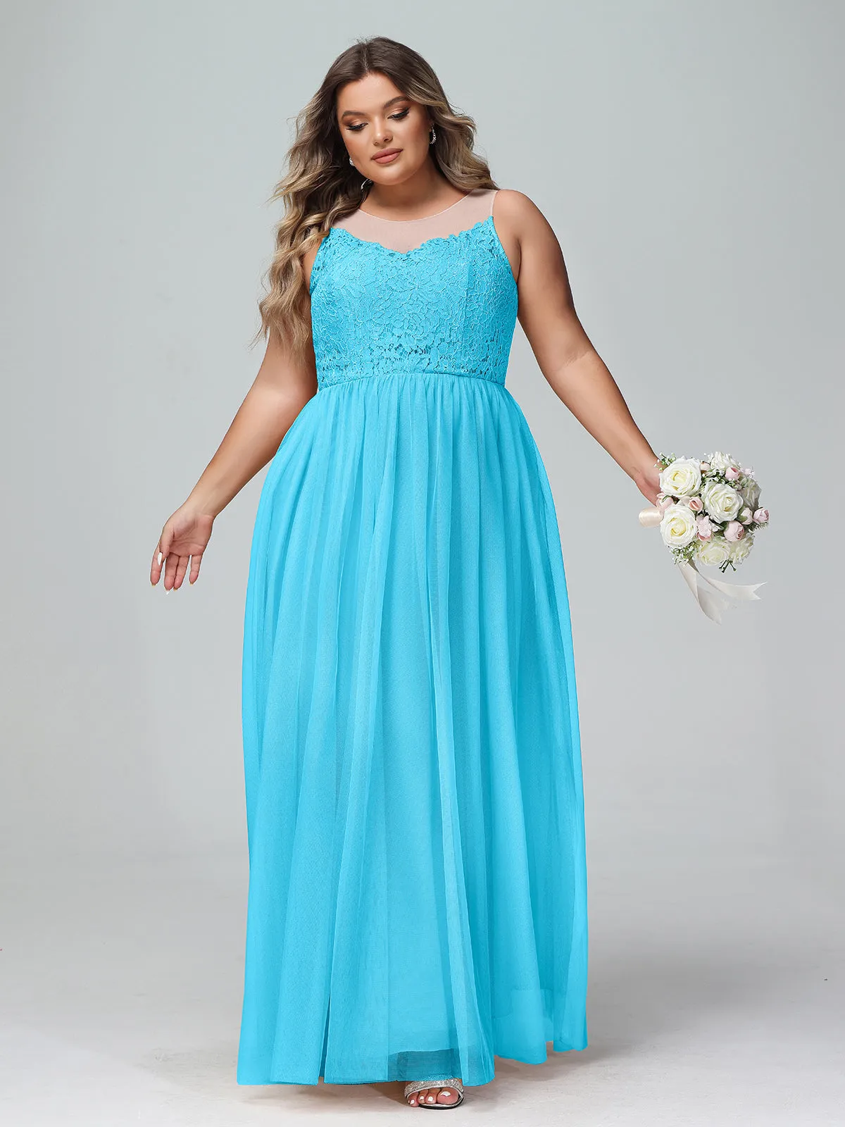Illusion Neckline Lace and Tulle Maxi Dress-Pool Plus Size