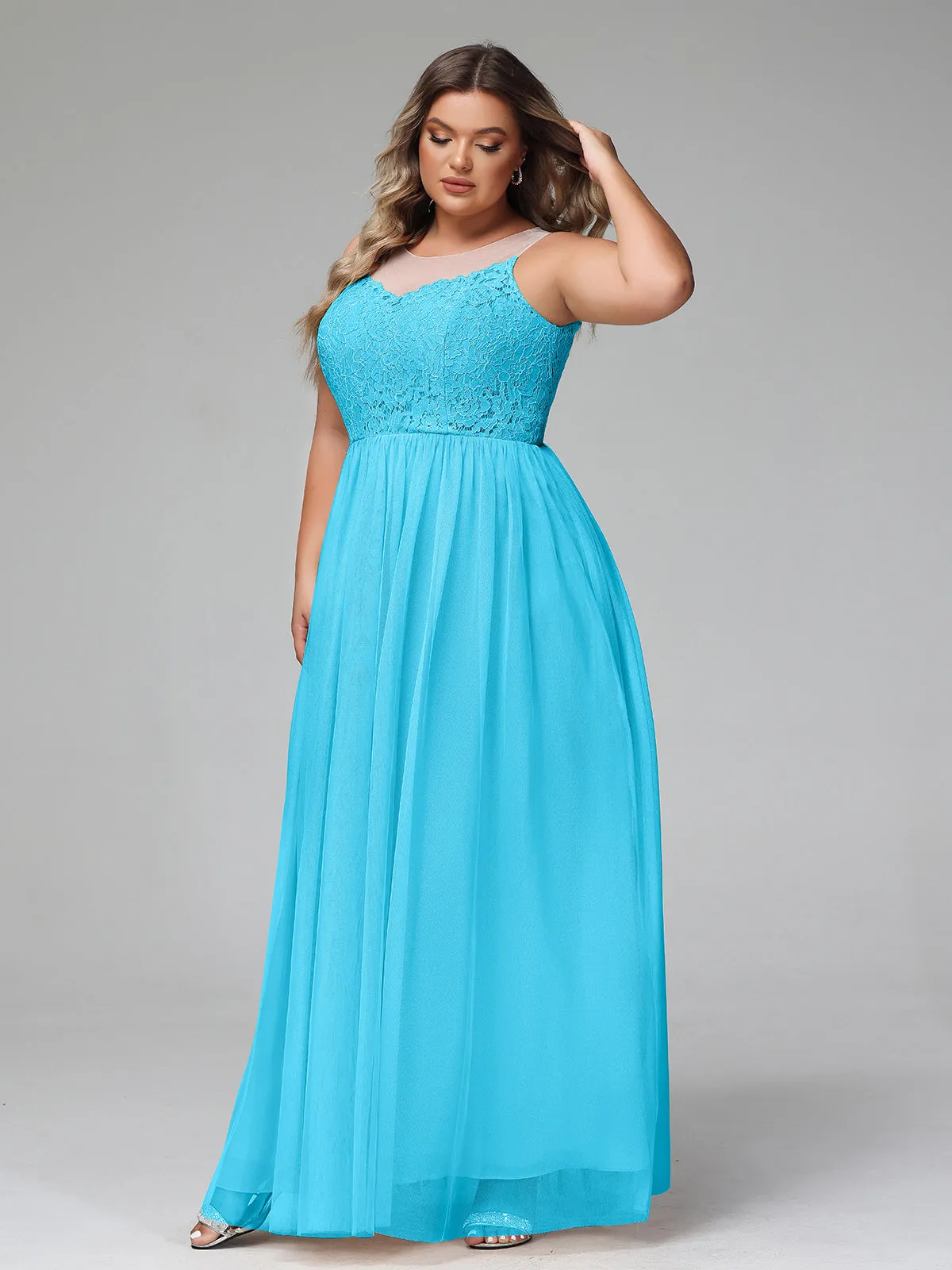 Illusion Neckline Lace and Tulle Maxi Dress-Pool Plus Size