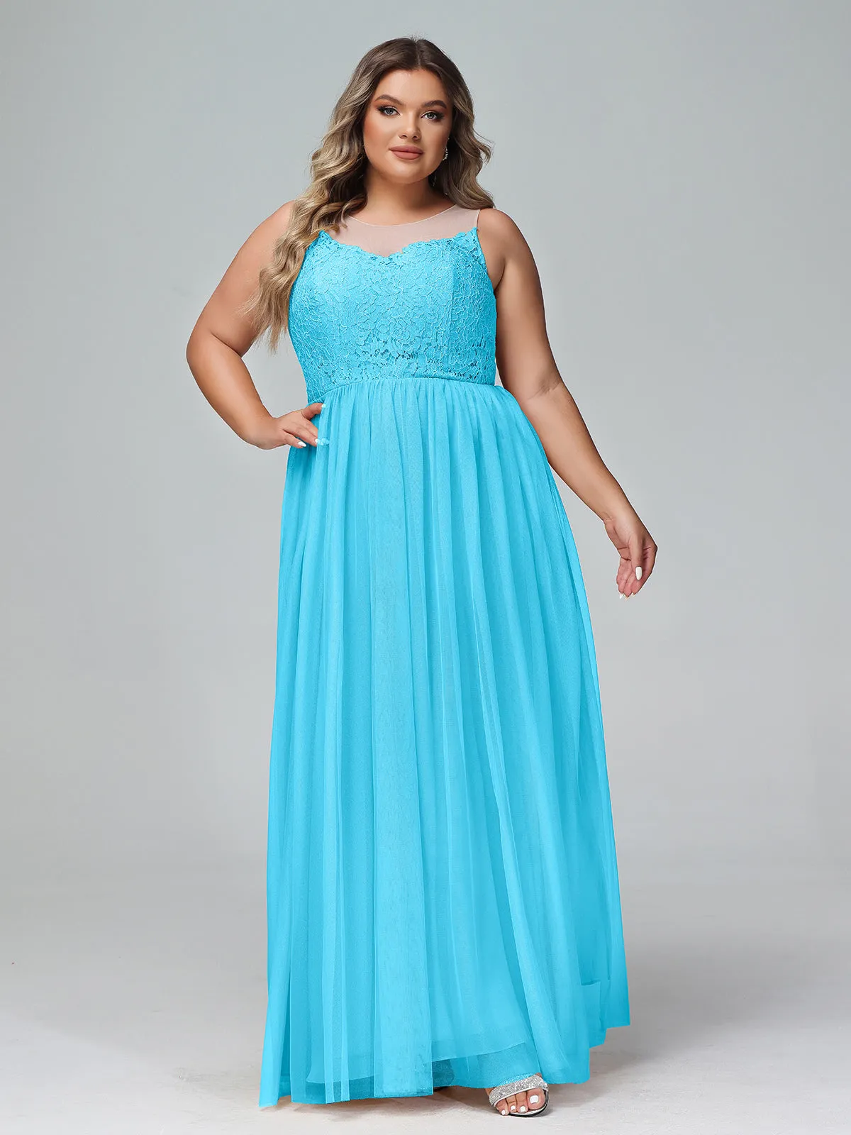 Illusion Neckline Lace and Tulle Maxi Dress-Pool Plus Size