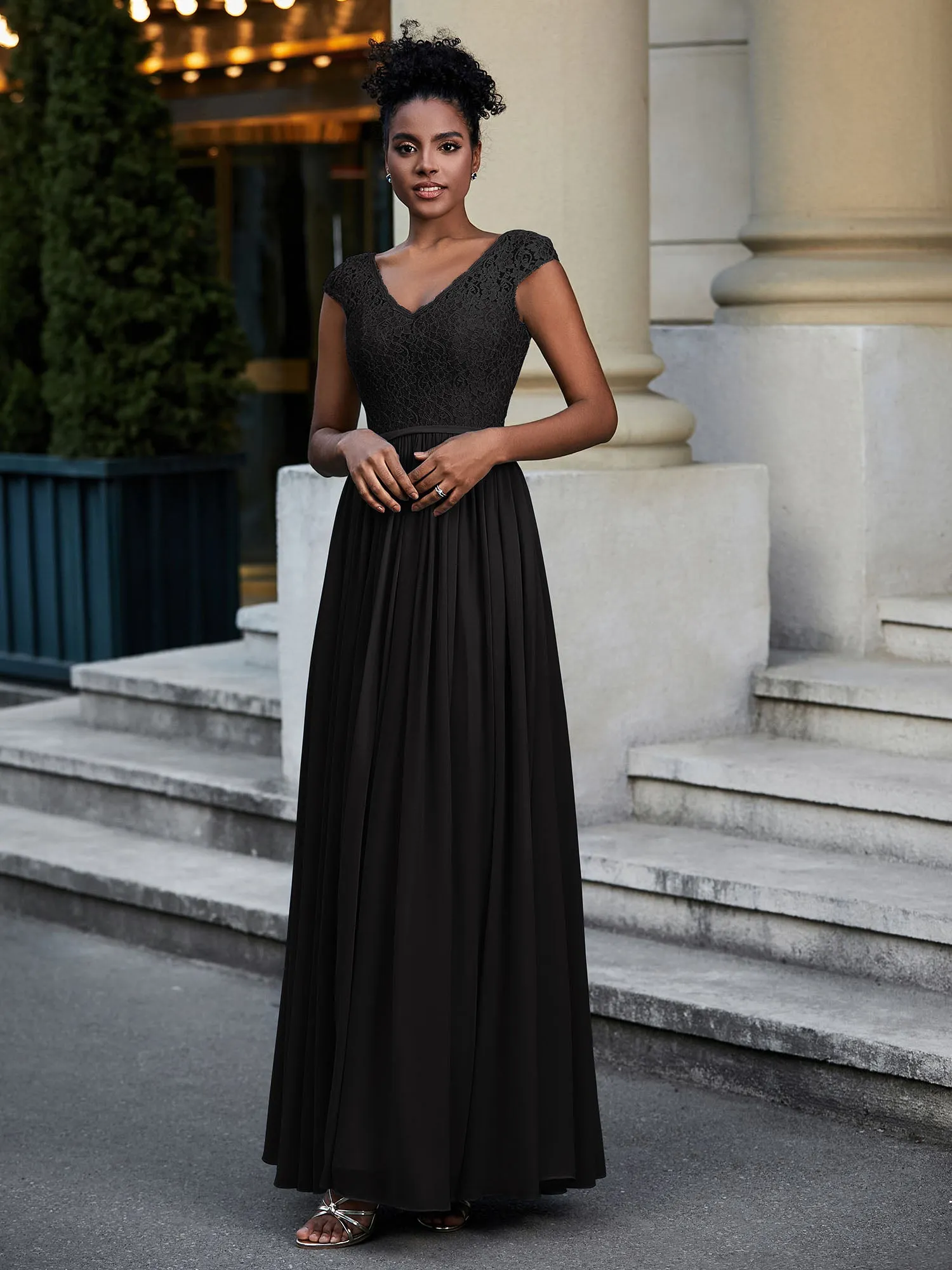 Lace and Chiffon Maxi Dress with Cap Sleeves-Black