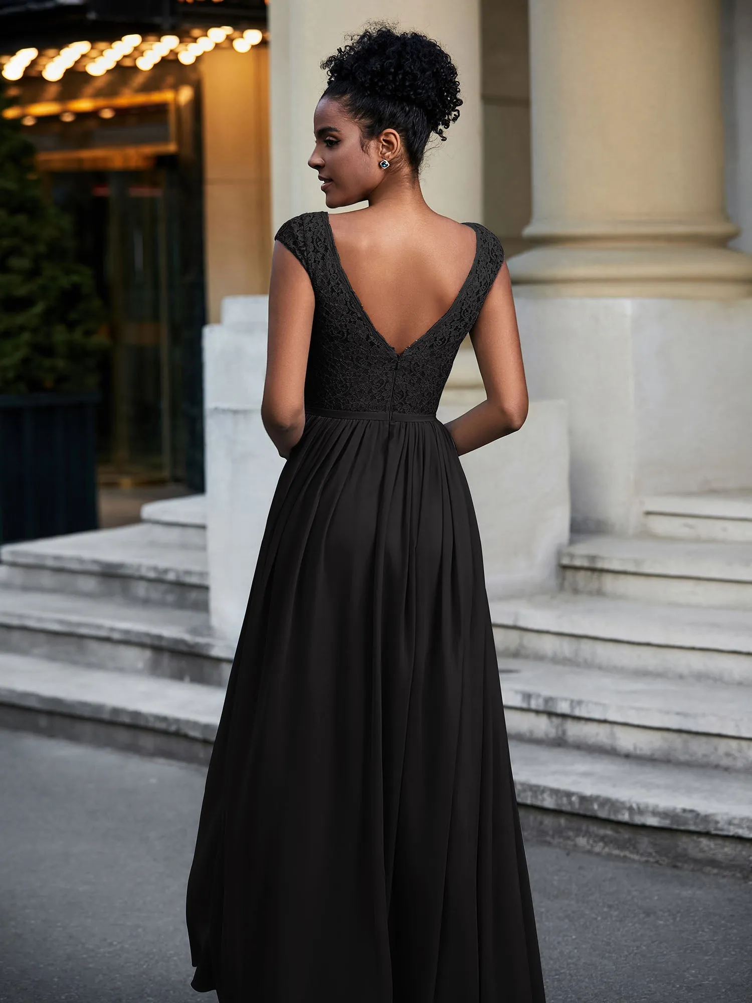 Lace and Chiffon Maxi Dress with Cap Sleeves-Black