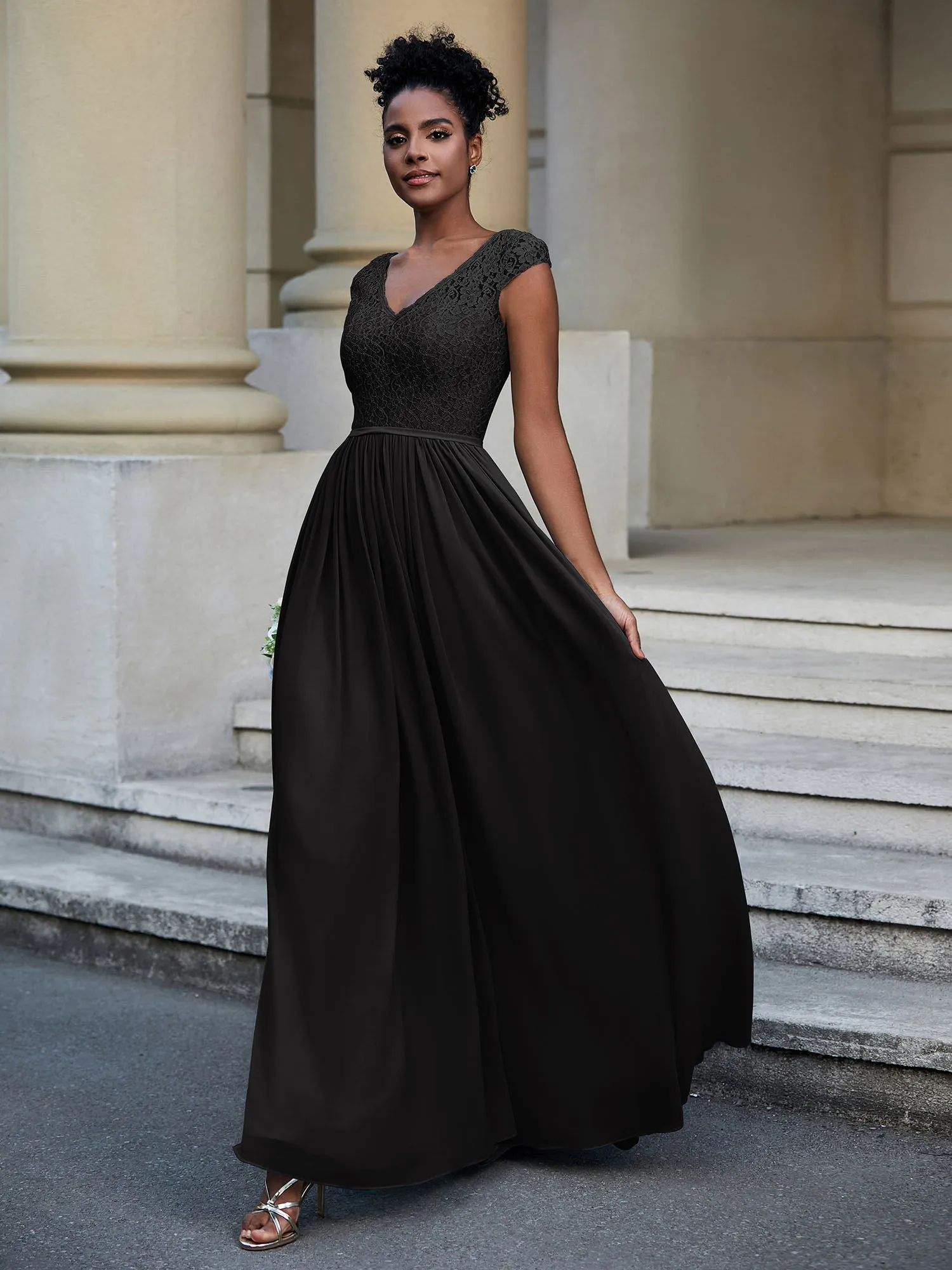Lace and Chiffon Maxi Dress with Cap Sleeves-Black