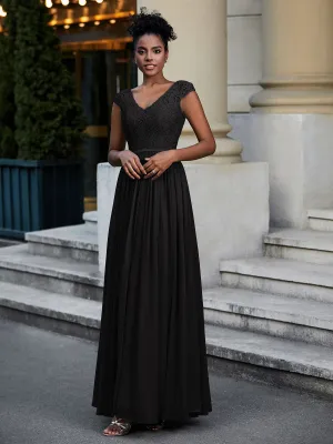 Lace and Chiffon Maxi Dress with Cap Sleeves-Black