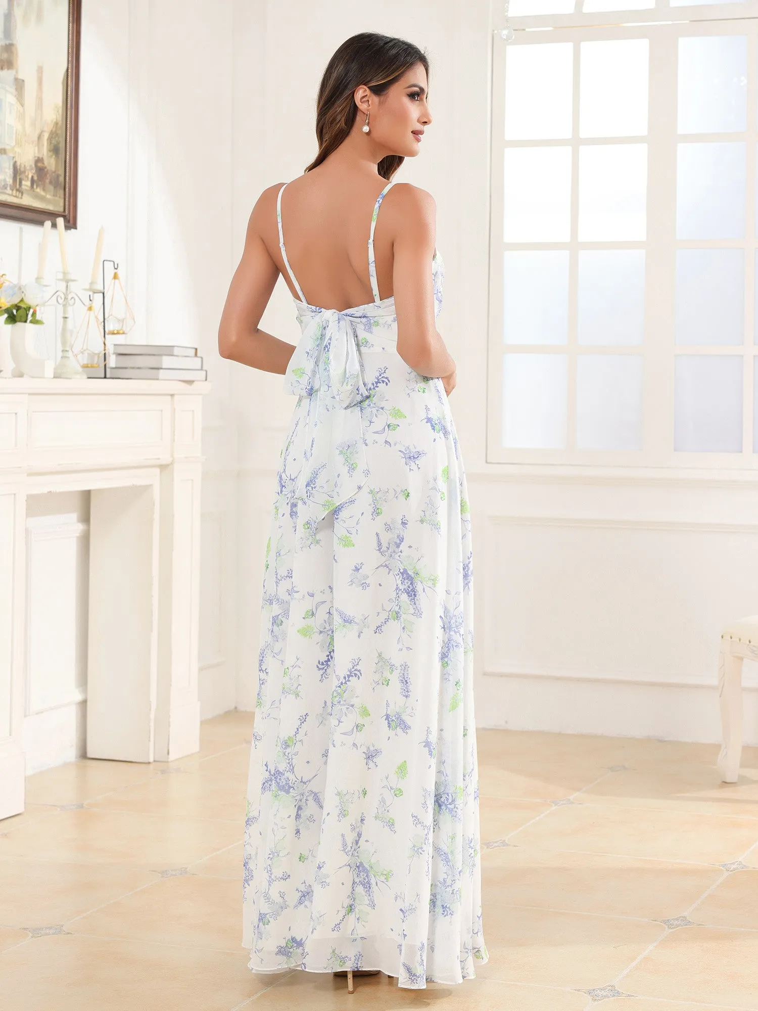 Lavender Floral Sweetheart Pleated Long Dress With Slit