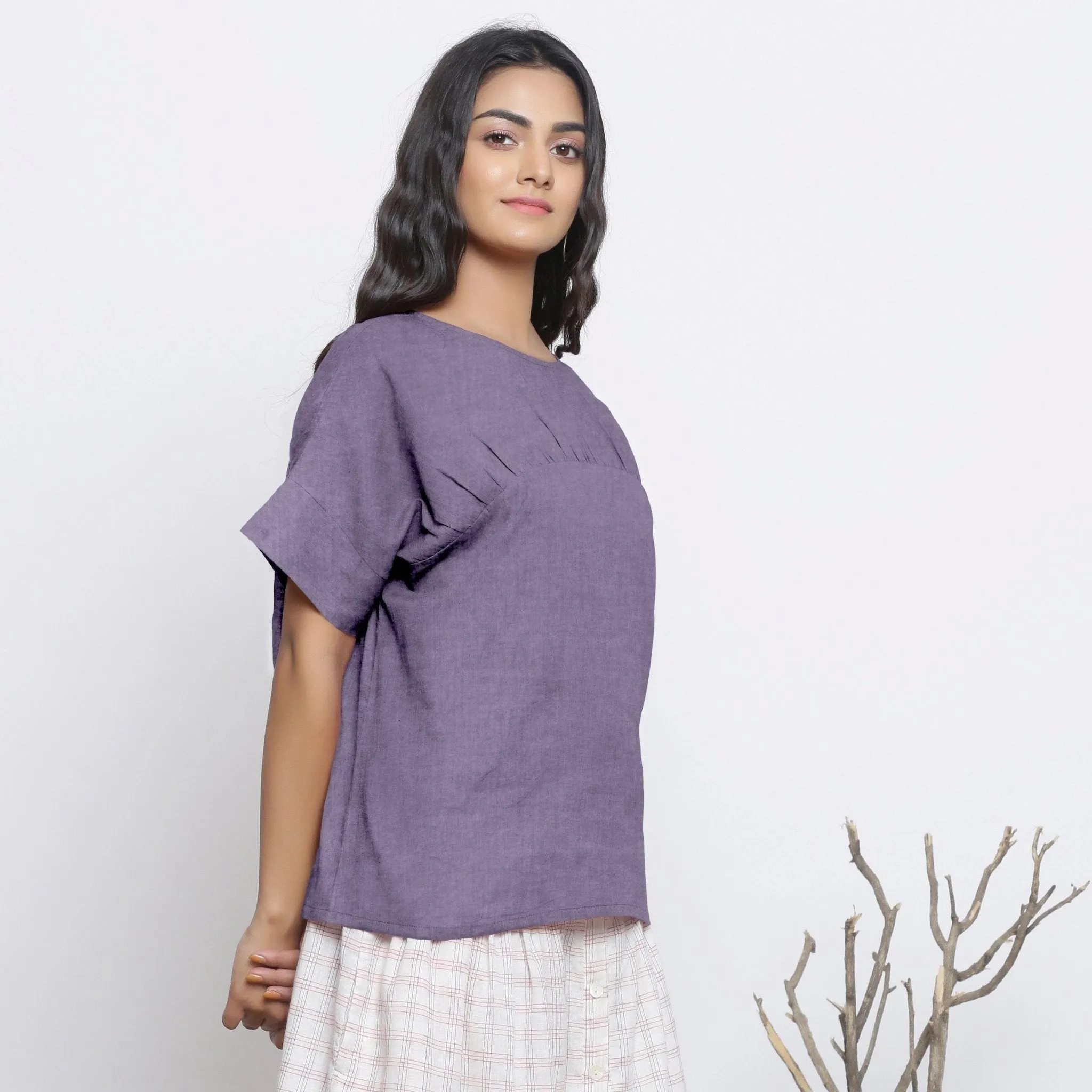 Lavender Round Neck Linen Loose Gathered Yoke Top