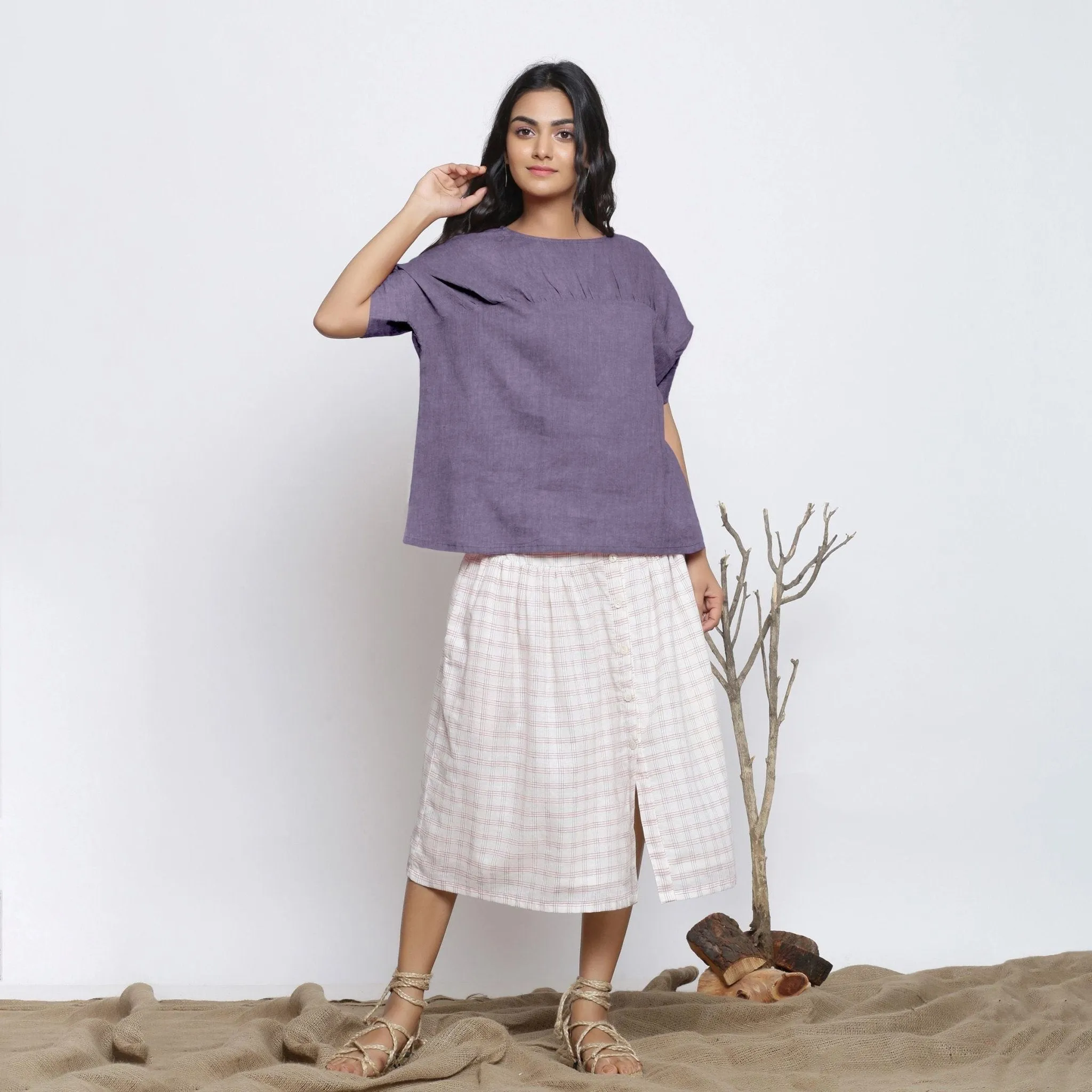 Lavender Round Neck Linen Loose Gathered Yoke Top