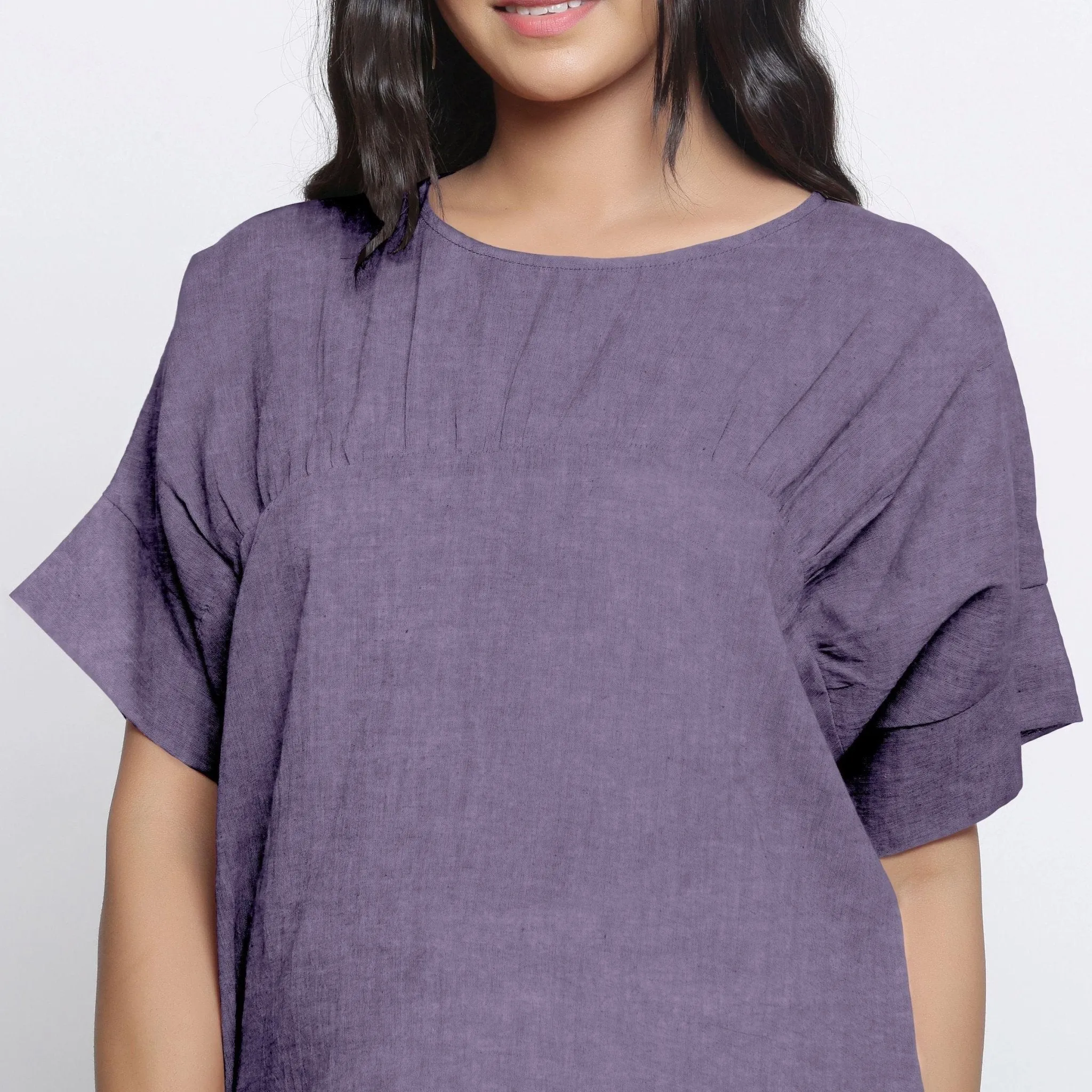 Lavender Round Neck Linen Loose Gathered Yoke Top