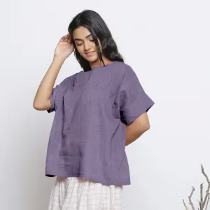 Lavender Round Neck Linen Loose Gathered Yoke Top