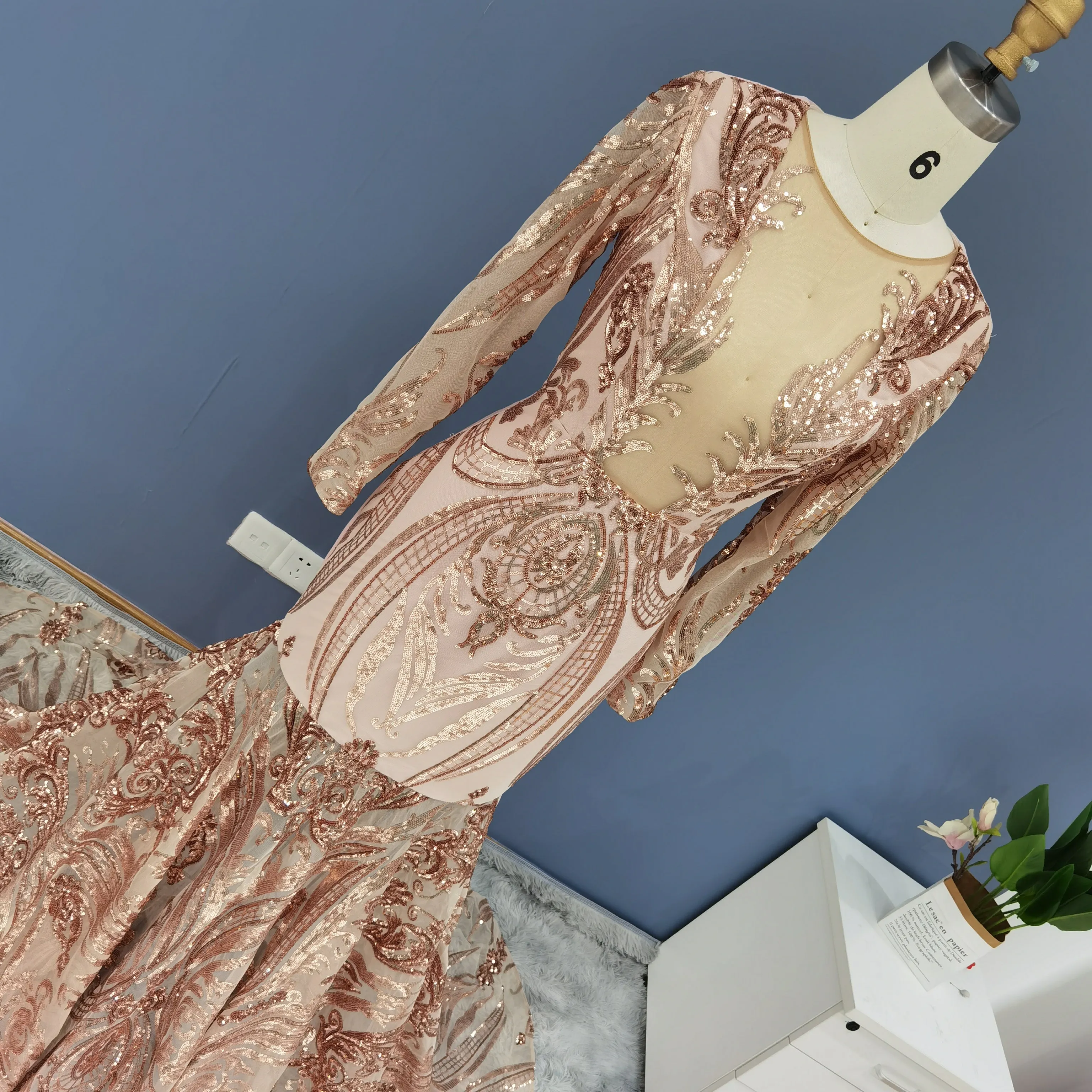 Luxury Sequin Long Sleeves Blue Prom Dress RM147
