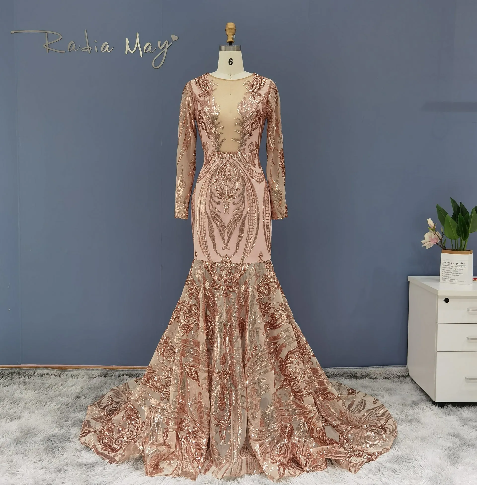 Luxury Sequin Long Sleeves Blue Prom Dress RM147
