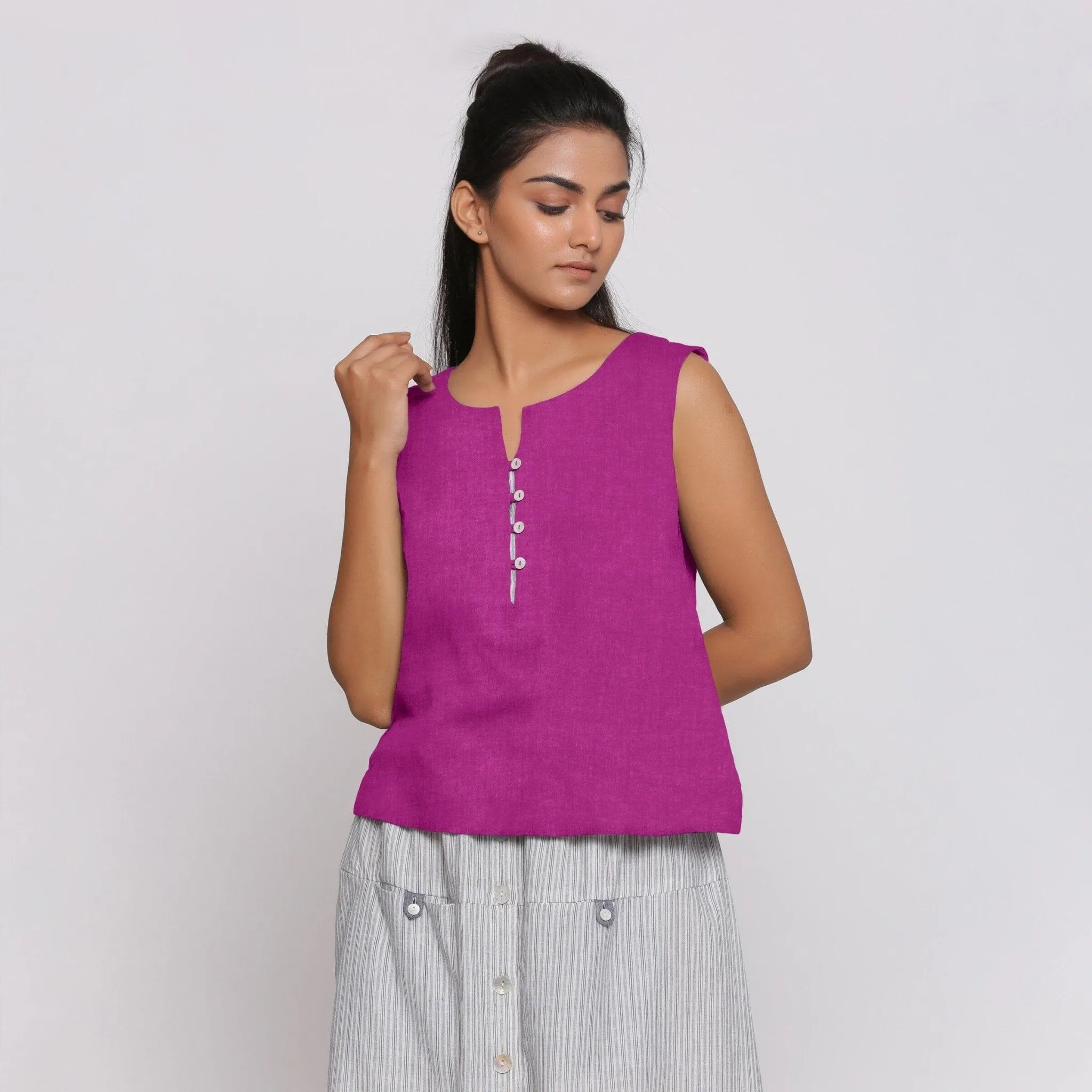 Magenta Linen Split Neck Button-Down Sleeveless Top