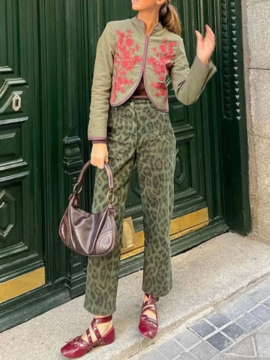 Olive green animal print pants