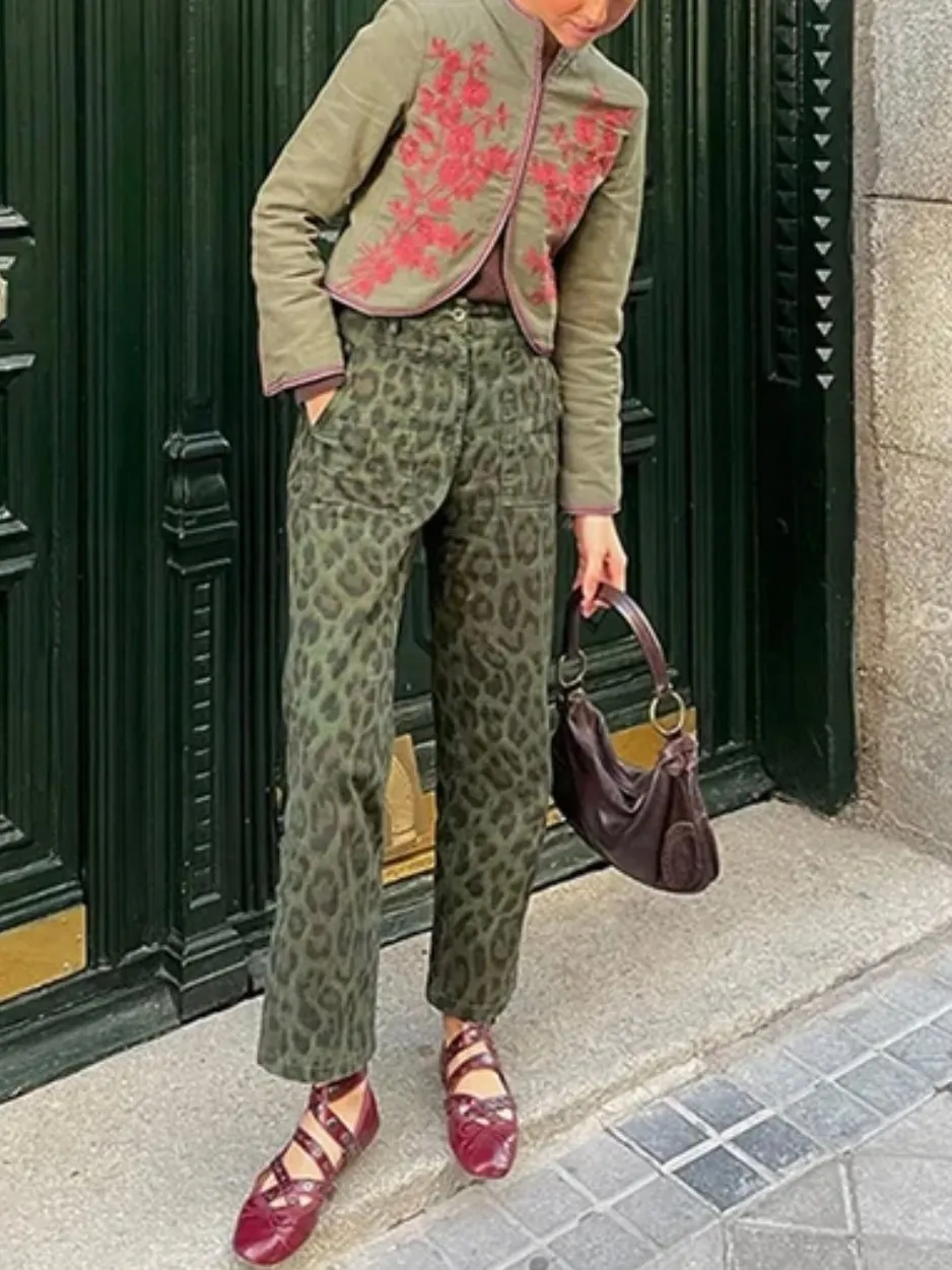 Olive green animal print pants