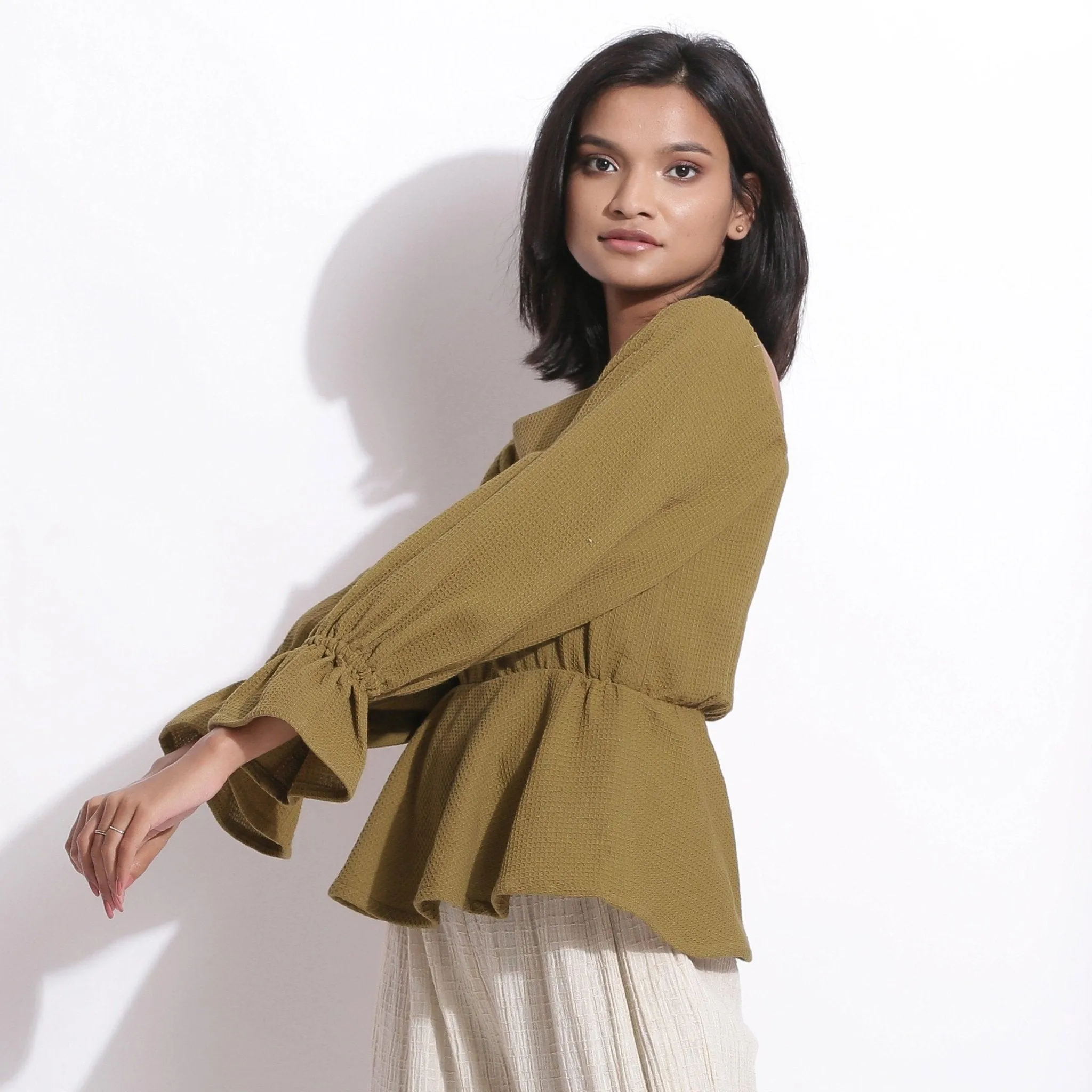 Olive Green Warm Cotton Waffle Peplum Top