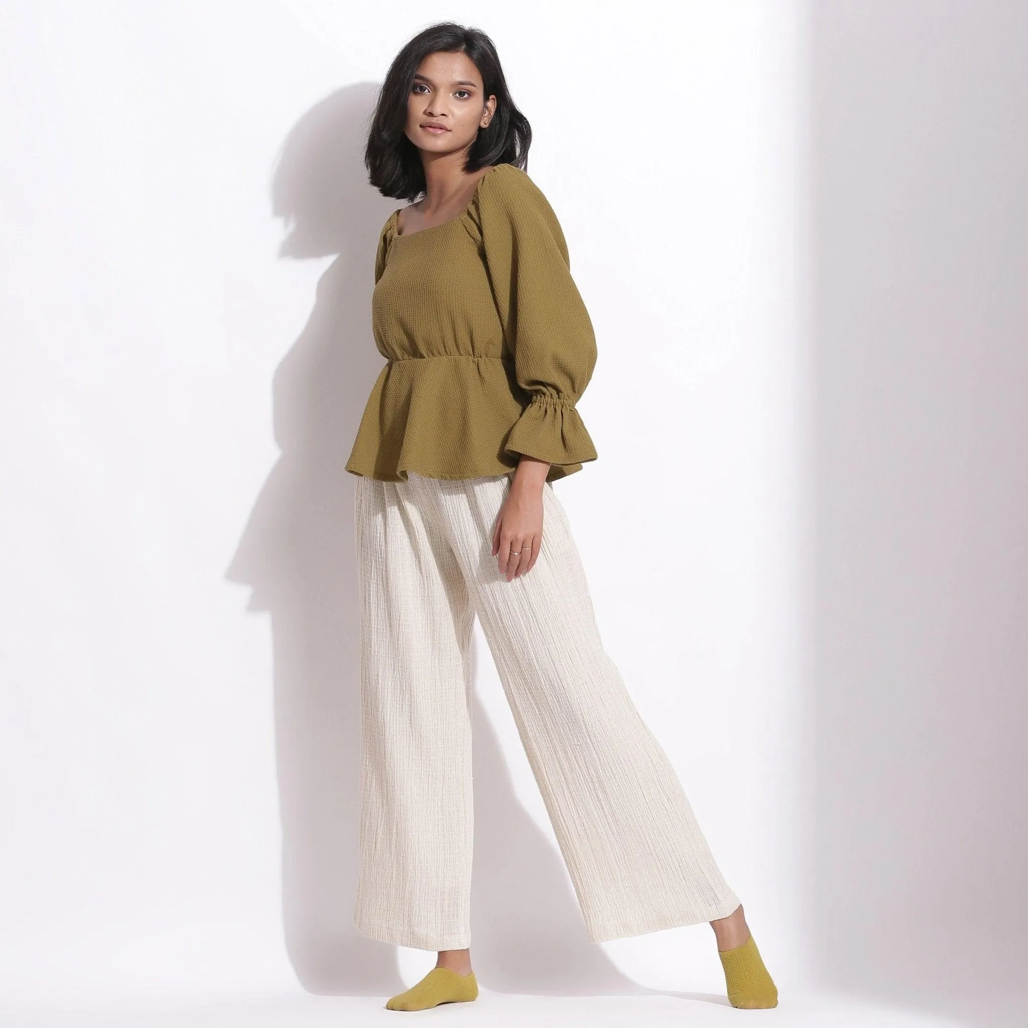 Olive Green Warm Cotton Waffle Peplum Top