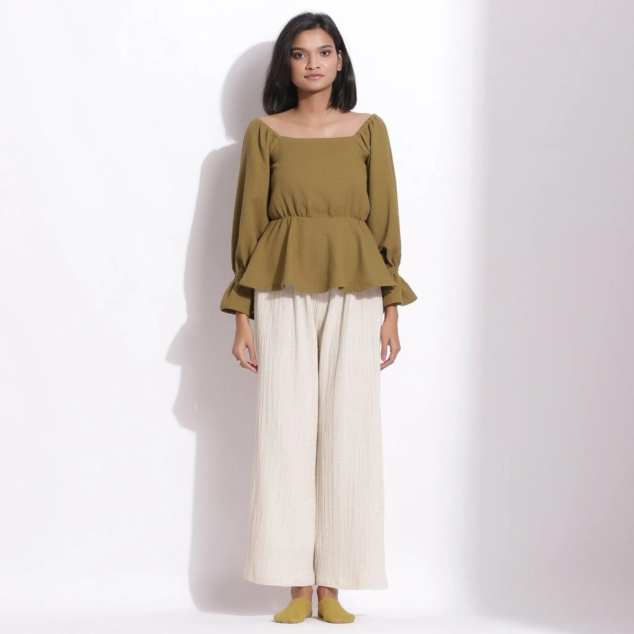 Olive Green Warm Cotton Waffle Peplum Top