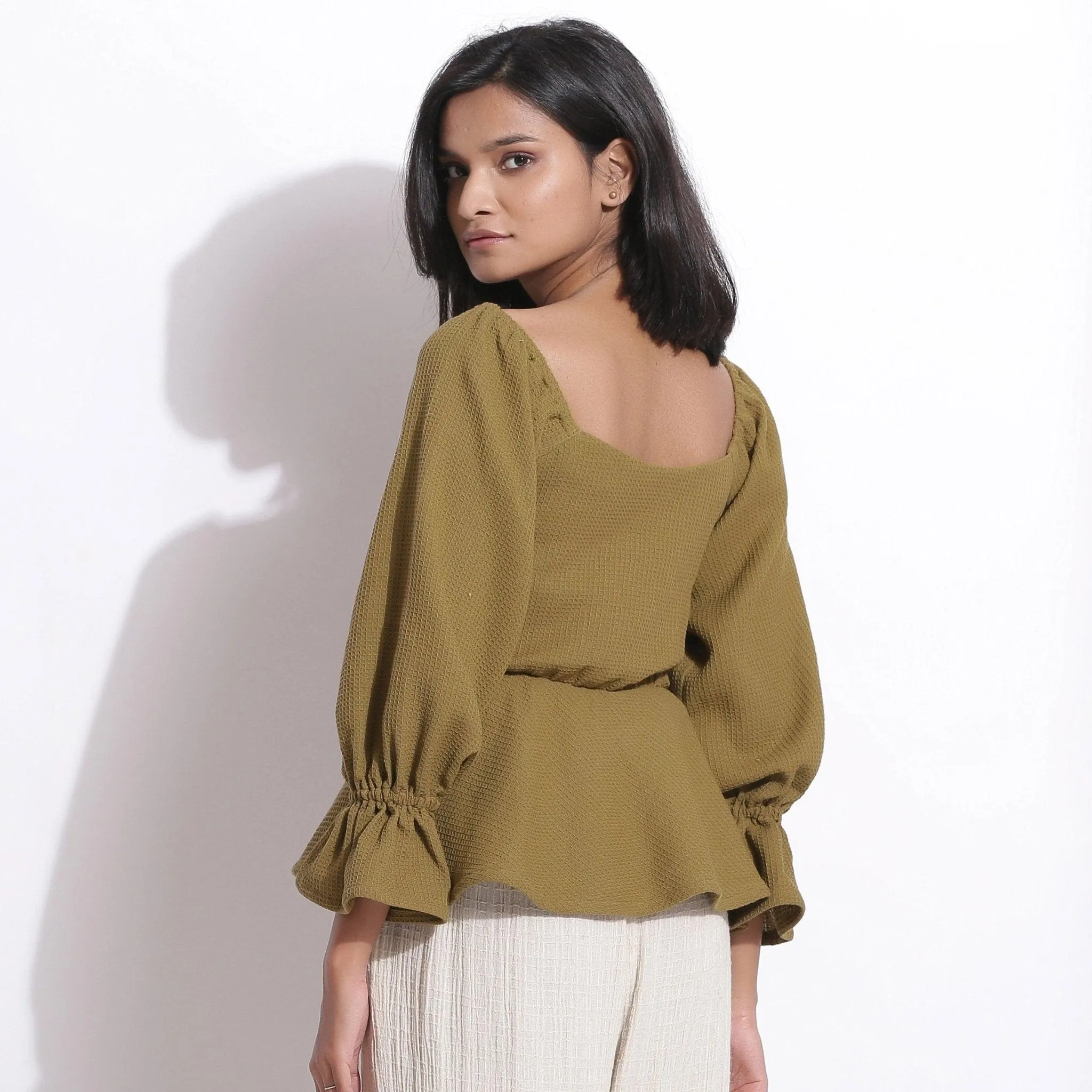 Olive Green Warm Cotton Waffle Peplum Top