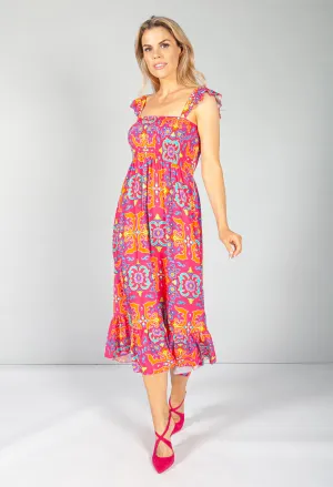 Playful Pink Vintage Print Dress with Smocking Bodice