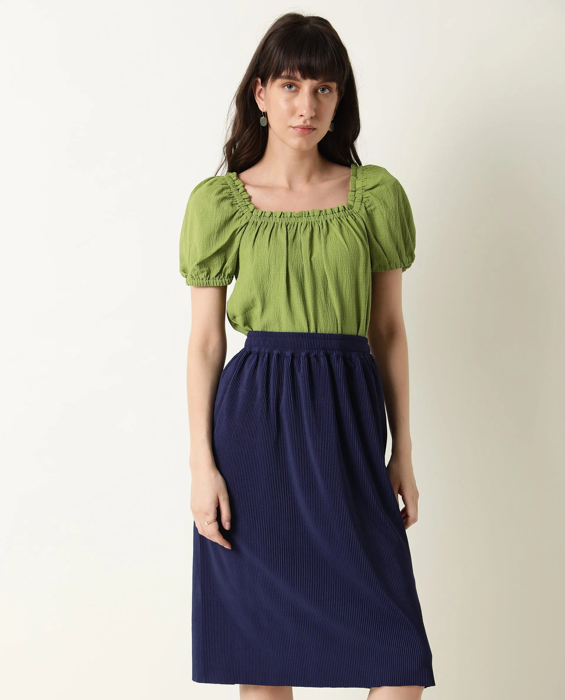 Rareism Womens Browse Navy Skirt Pleated Mid Length Back Slit
