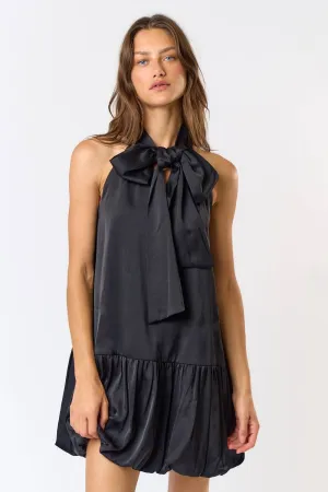 SATIN HALTER BOW TIE BUBBLE HEM MINI DRESS