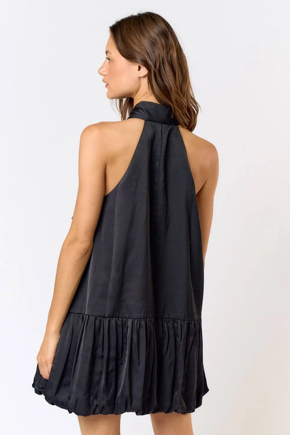 SATIN HALTER BOW TIE BUBBLE HEM MINI DRESS