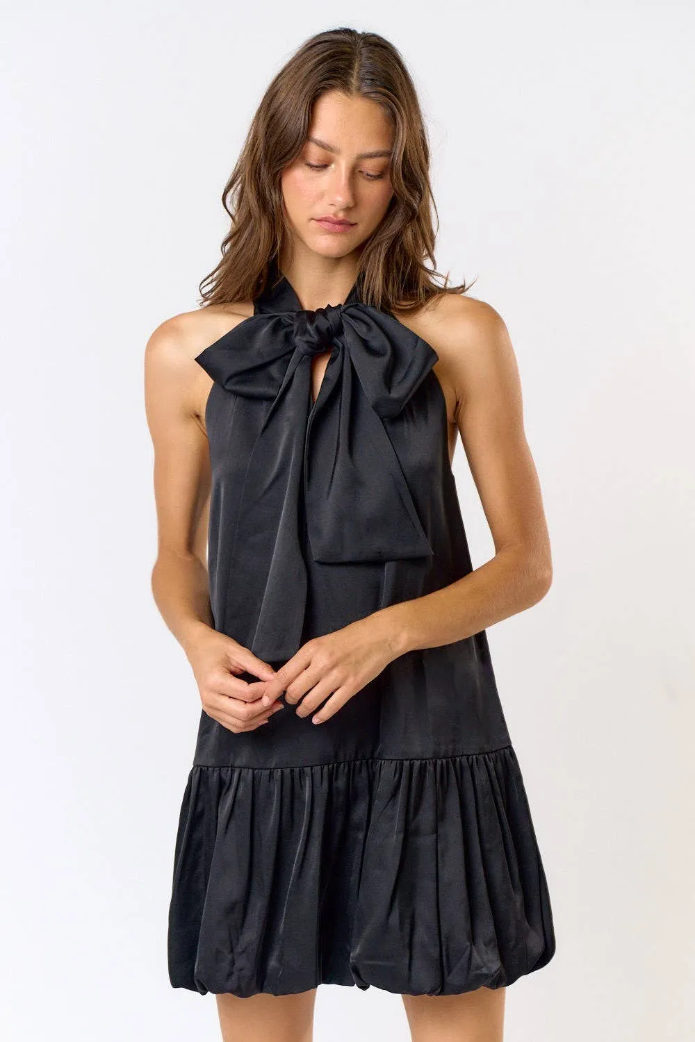 SATIN HALTER BOW TIE BUBBLE HEM MINI DRESS