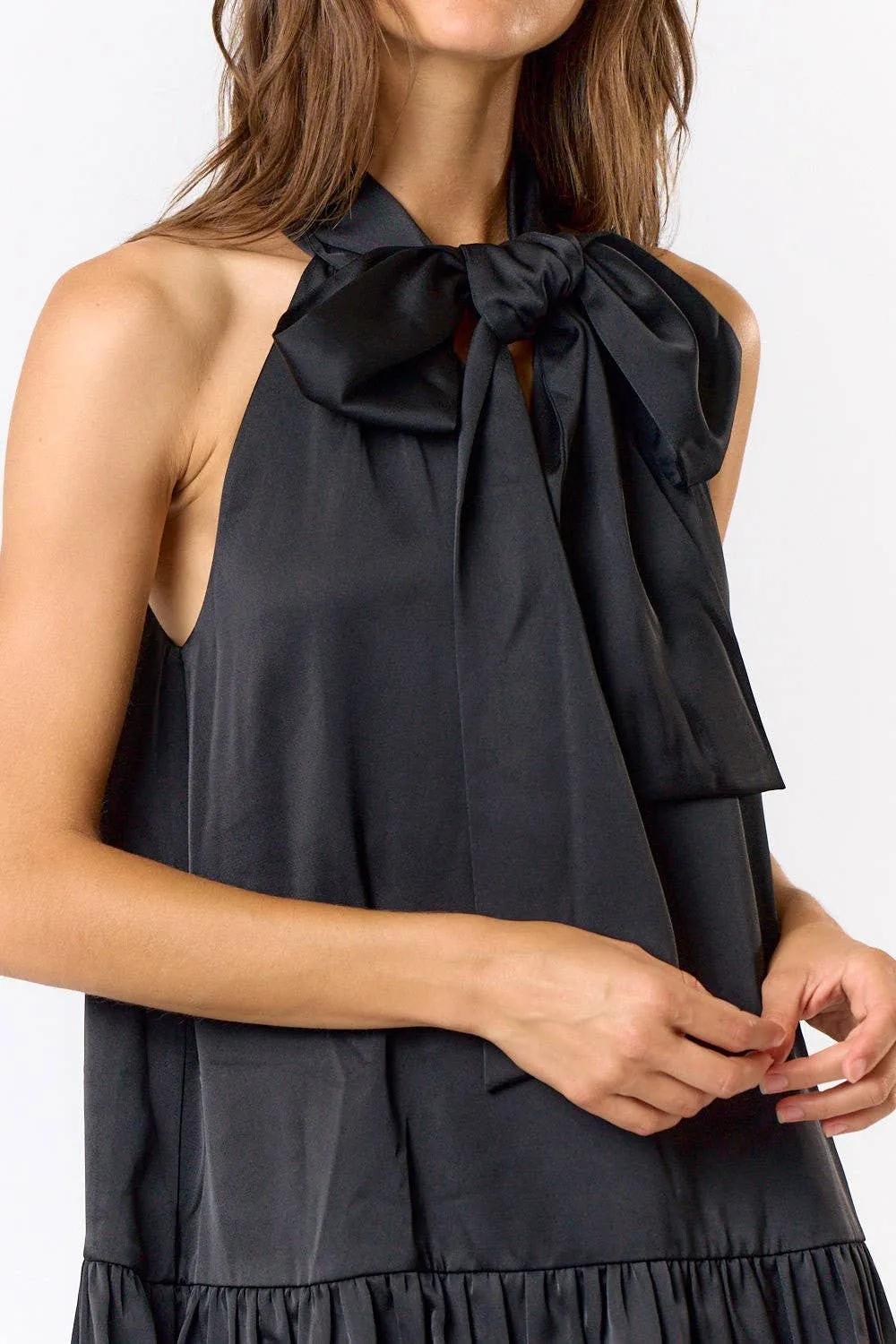 SATIN HALTER BOW TIE BUBBLE HEM MINI DRESS