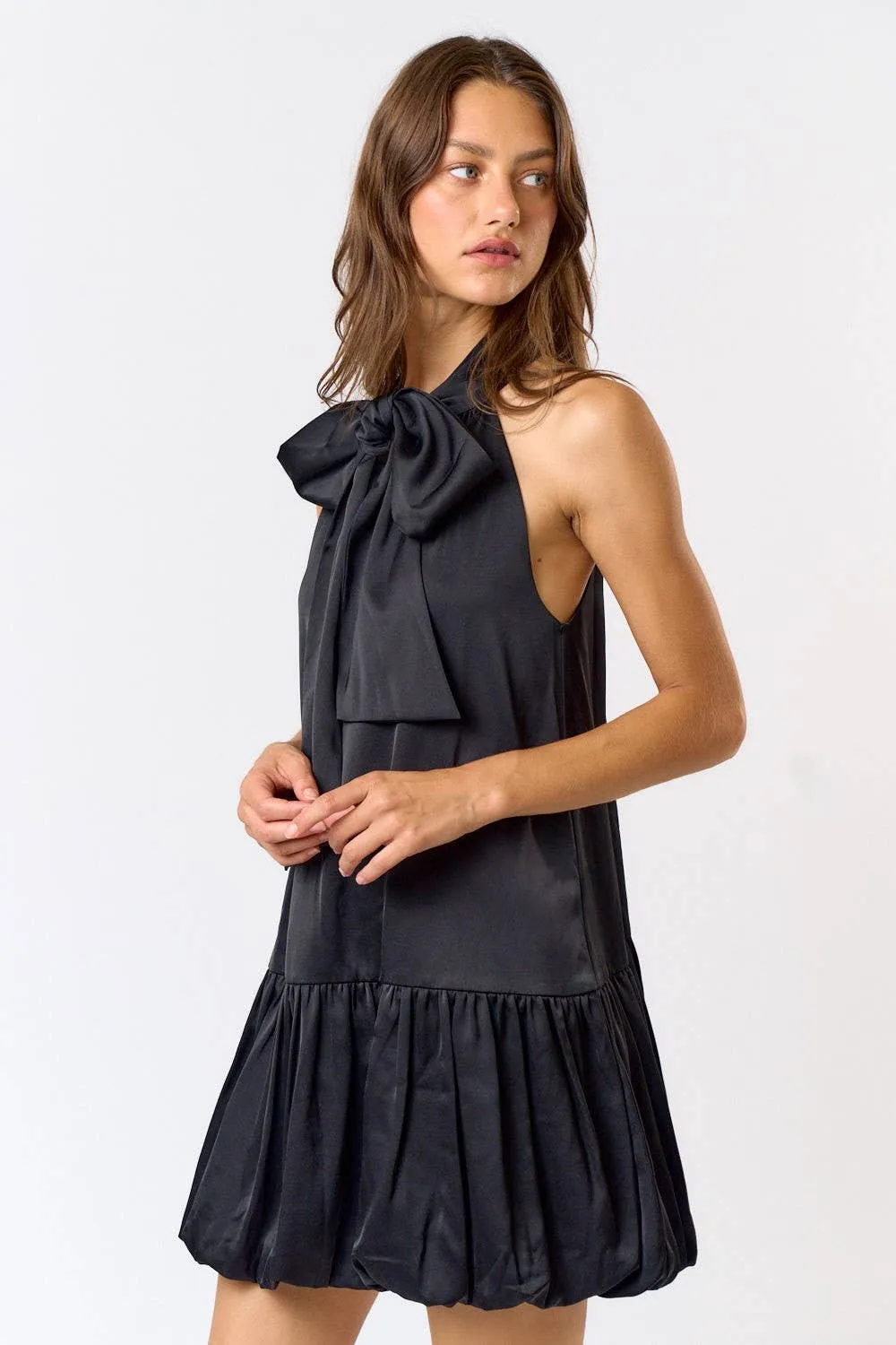 SATIN HALTER BOW TIE BUBBLE HEM MINI DRESS
