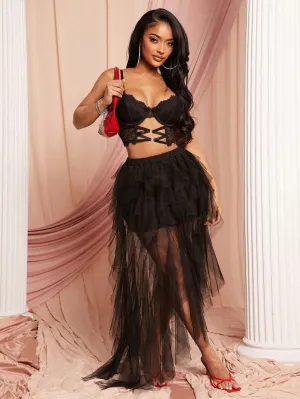 SXY Spring And Summer Elegant Romantic Valentine Day Wedding Season Dating Essentials Black Mesh Low-Waist Semi-Transparent Asymmetrical Hem Long Skirt With Ruffled Trim