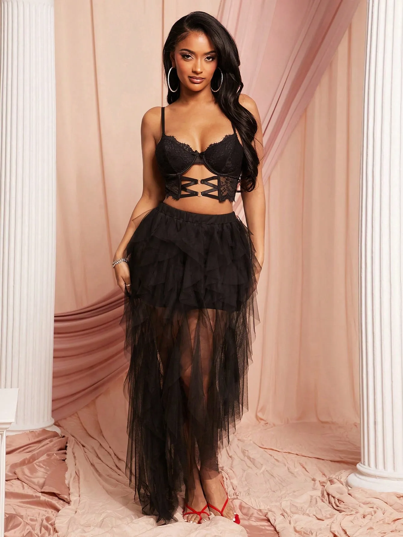 SXY Spring And Summer Elegant Romantic Valentine Day Wedding Season Dating Essentials Black Mesh Low-Waist Semi-Transparent Asymmetrical Hem Long Skirt With Ruffled Trim